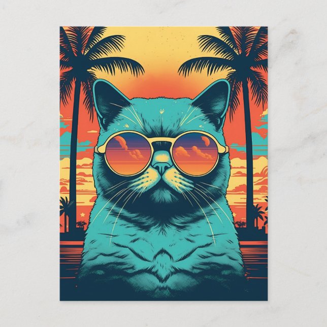 Exotic Shorthair cat with sunglasses at the beach Postcard (Front)