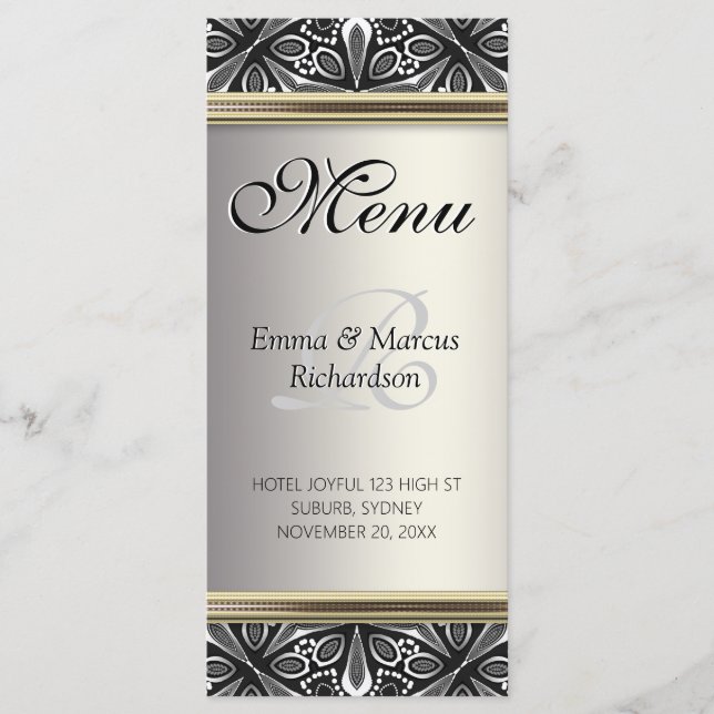 Exotic Silver Black White Decor Wedding Menu (Front)