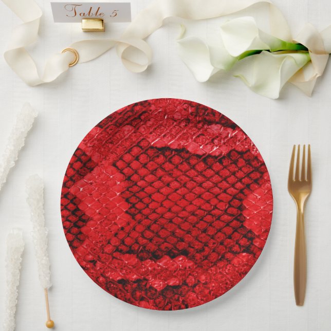 Exotic snake skin animal print pattern modern red paper plate (Wedding)
