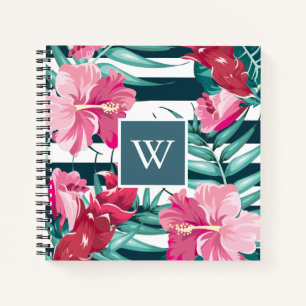 Exotic Summer Floral design Monogram striped Notebook
