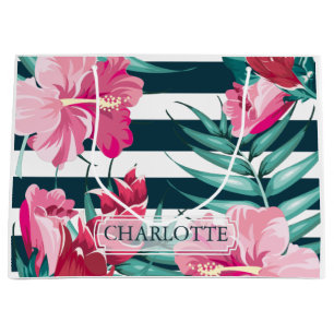 Exotic Summer Floral Personalised striped Large Gift Bag