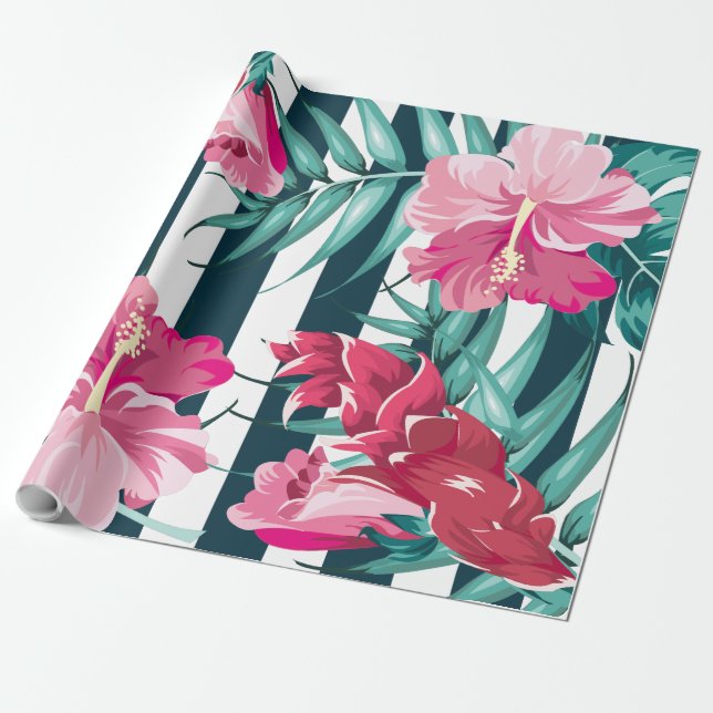 Exotic Summer Floral striped Wrapping Paper (Unrolled)