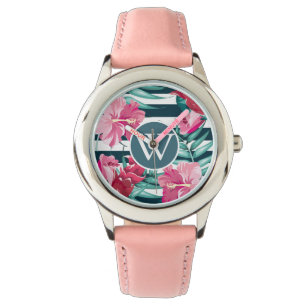 Exotic Summer Flowers design Monogram striped Watch