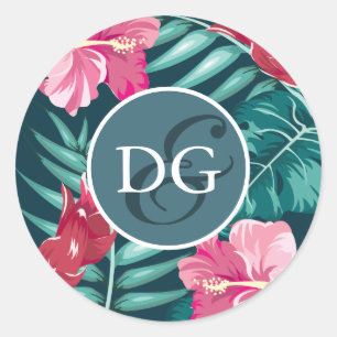 Exotic Summer Flowers Monogram Classic Round Sticker