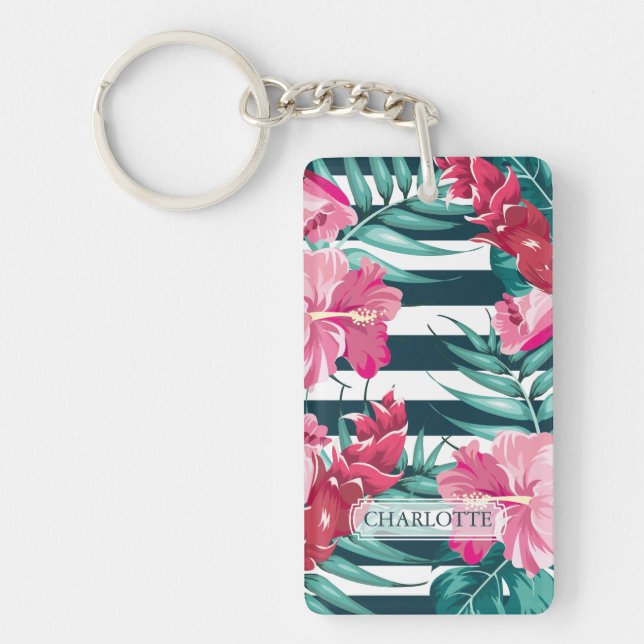 Exotic Summer Flowers Monogram striped Key Ring (Front)