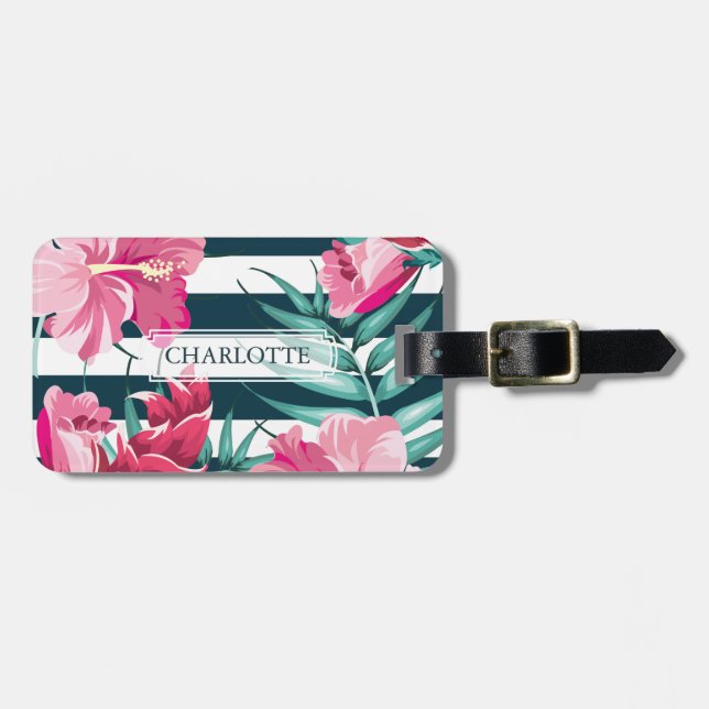 Exotic Summer Flowers Monogram striped Luggage Tag (Front Horizontal)