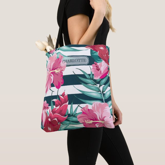 Exotic Summer Flowers Monogram striped Tote Bag (Close Up)