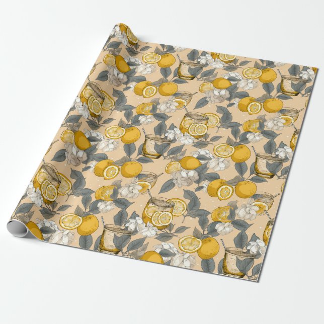 Exotic, Summer, Fruit, Lemon, Cocktail Patterns Wrapping Paper (Unrolled)
