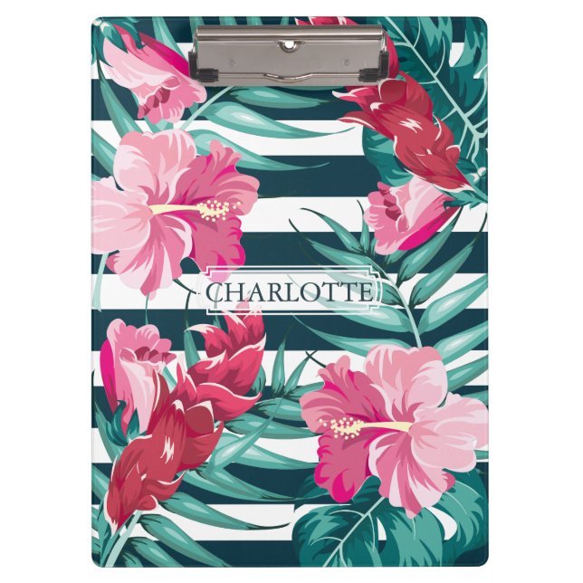 Exotic Summer Monogram Floral striped Clipboard (Front)