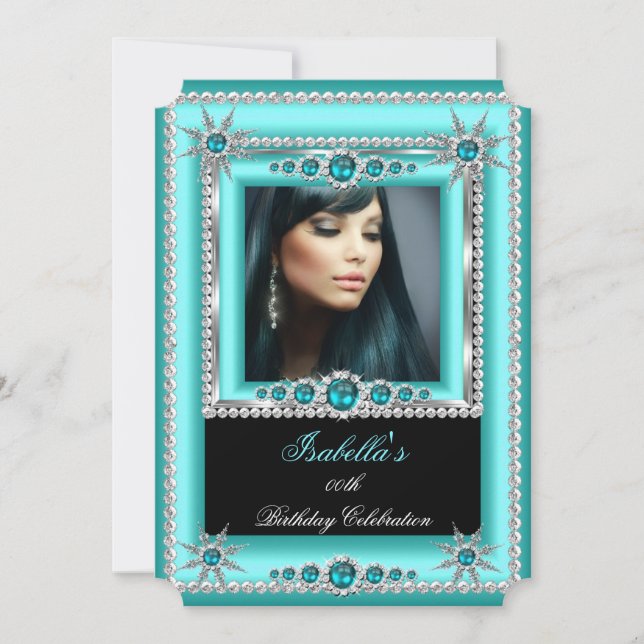 Exotic Teal Blue Aqua Snowflake Photo Birthday Invitation (Front)