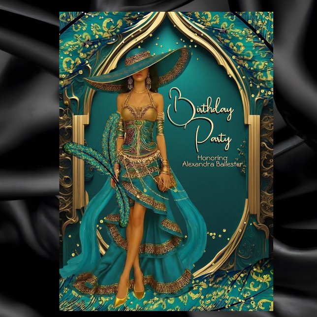 Exotic Teal Blue Dress Gold Feather Birthday Party Invitation (Creator Uploaded)