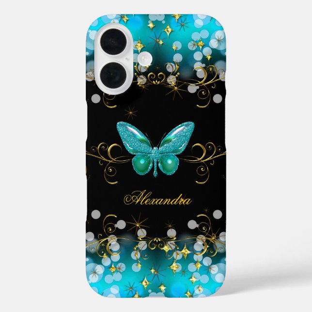 Exotic Teal Blue Gold Black Butterfly Sparkles Case-Mate iPhone Case (Back)