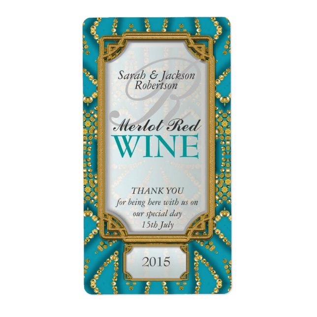Exotic Teal Gold Custom Wine Bottle Labels (Front)