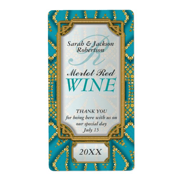 Exotic Teal Gold Custom Wine Bottle Labels (Front)