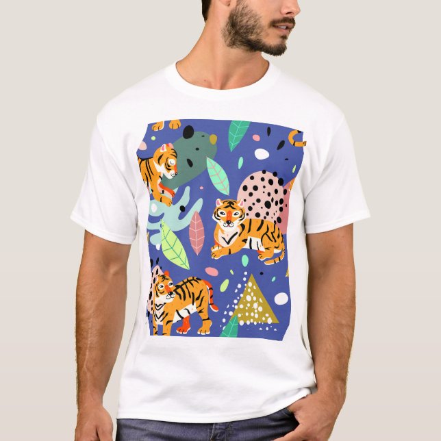 Exotic Tigers: Trendy Geometric Pattern. T-Shirt (Front)