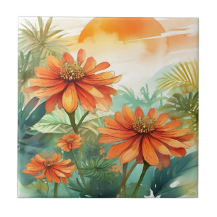 Exotic Tithonia Tropical Watercolor Tile