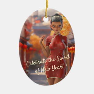 Exotic Toon Girl Celebrating Chinese New Year Ceramic Tree Decoration