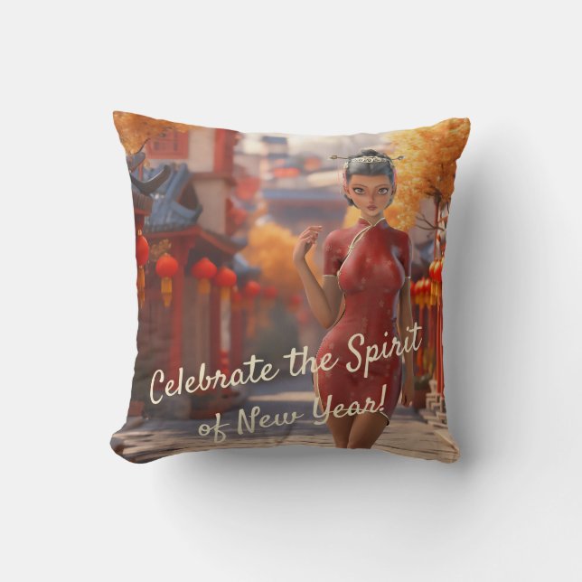 Exotic Toon Girl Celebrating Chinese New Year Cushion (Front)