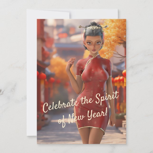 Exotic Toon Girl Celebrating Chinese New Year Holiday Card (Front)