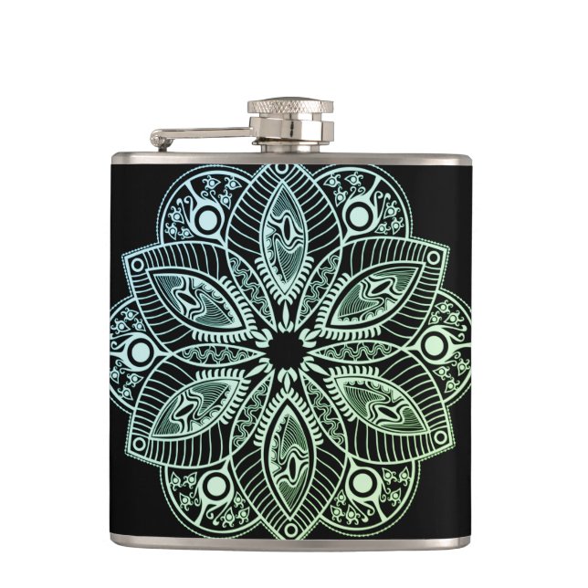 Exotic Tribal Green Gradient Mandala Hip Flask (Front)