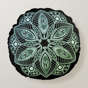 Exotic Tribal Green Gradient Mandala Round Cushion
