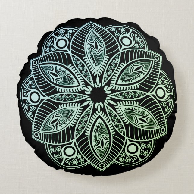 Exotic Tribal Green Gradient Mandala Round Cushion (Front)