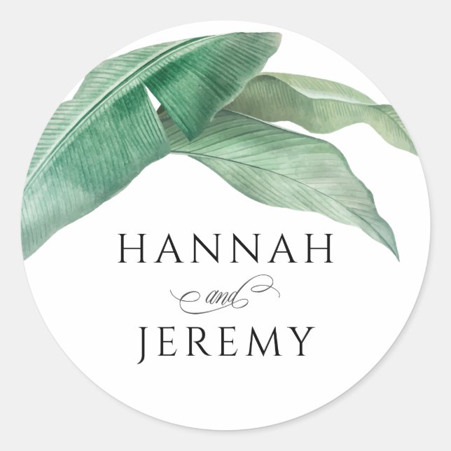 Exotic Tropical Banana Leaves Wedding Classic Round Sticker (Front)