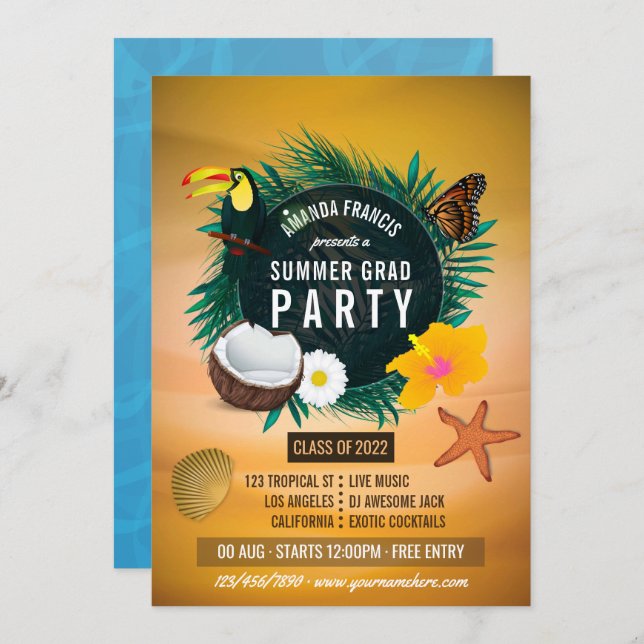 Exotic Tropical Beach Graduation Party Invitation (Front/Back)