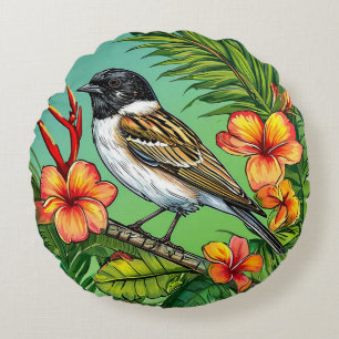 Exotic Tropical Bird with Flowers Paradise Artwork Round Cushion