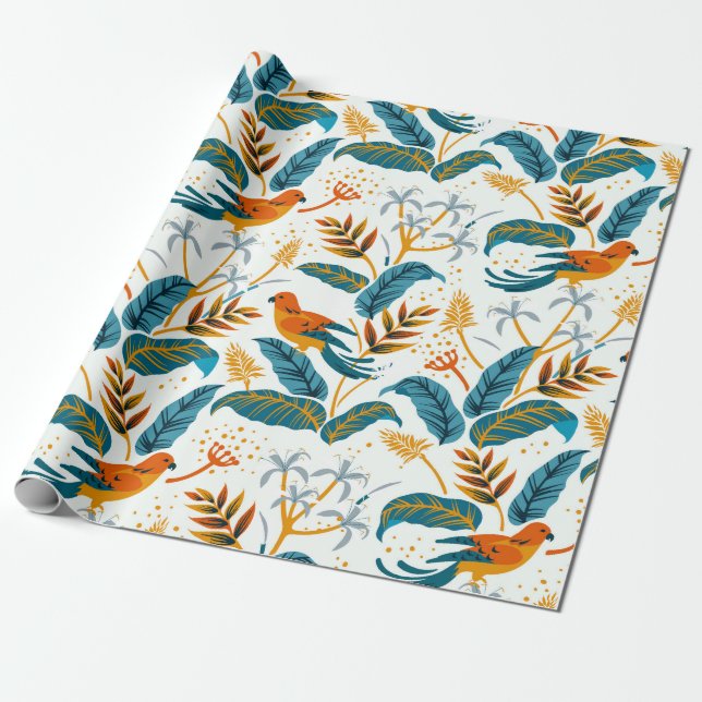 Exotic tropical birds and leaves pattern wrapping paper (Unrolled)