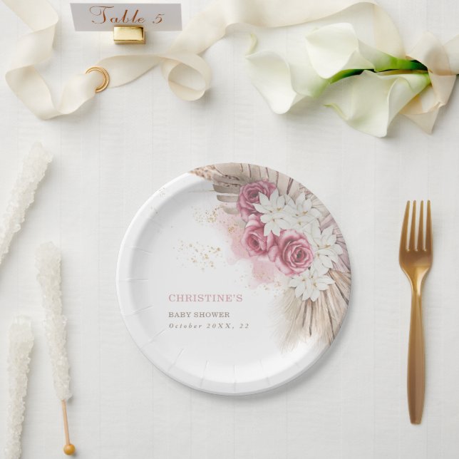 Exotic Tropical Boho Pink Roses Baby Shower Paper  Paper Plate (Wedding)