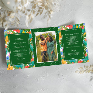 Exotic Tropical Colourful Garden Photo Wedding Tri-Fold Invitation