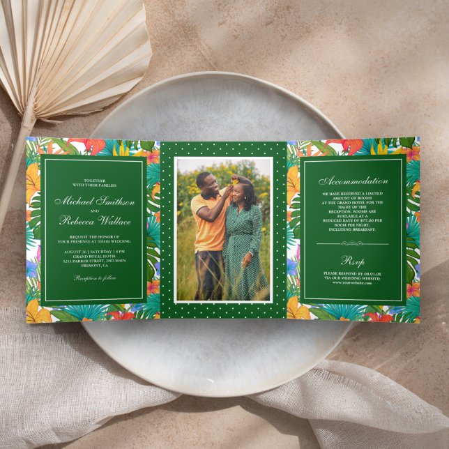 Exotic Tropical Colourful Garden Photo Wedding Tri-Fold Invitation (Creator Uploaded)