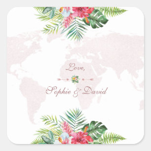 Exotic Tropical Floral Gold World Map Wedding Square Sticker
