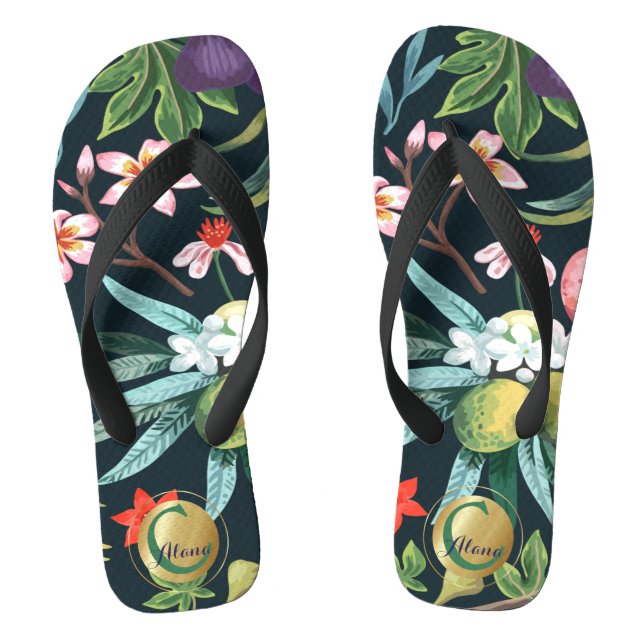 Exotic Tropical Floral Paradise Monogram Flip Flops (Footbed)
