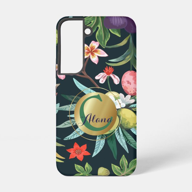 Exotic Tropical Floral Paradise Monogram Samsung Galaxy S22 Case (Back)