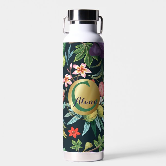 Exotic Tropical Floral Paradise Monogram Water Bottle (Front)