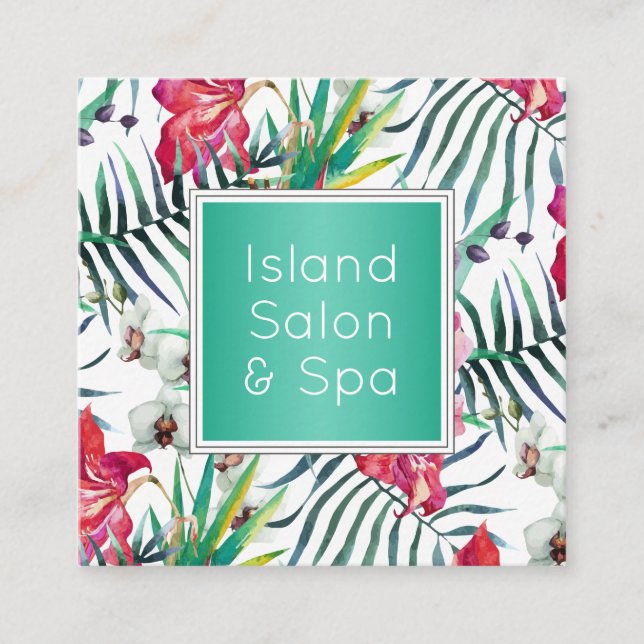 Exotic Tropical Flowers and Foliage Island Style Square Business Card (Front)