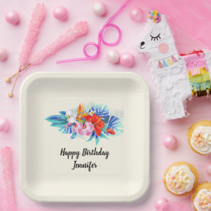 Exotic Tropical Flowers Birthday Paper Plate