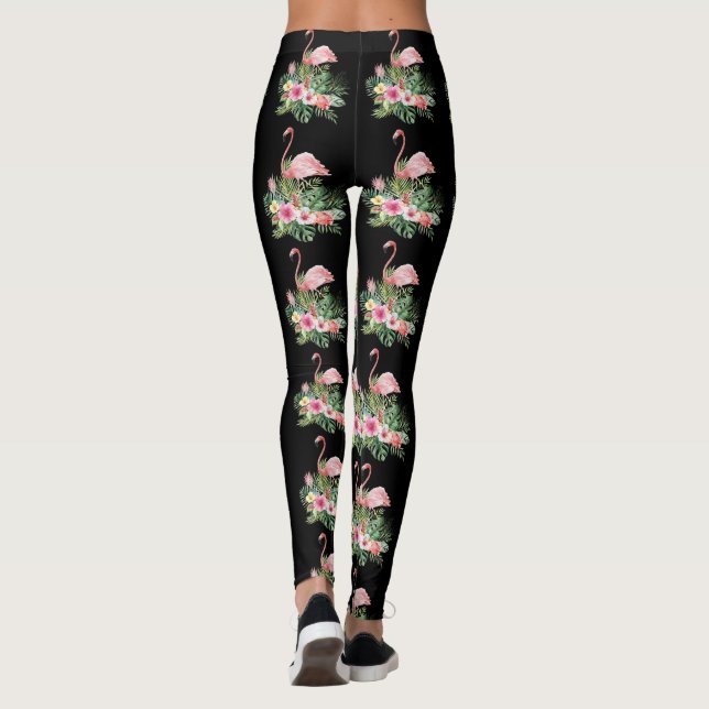 Exotic Tropical Flowers Flamingo Pattern Leggings (Back)
