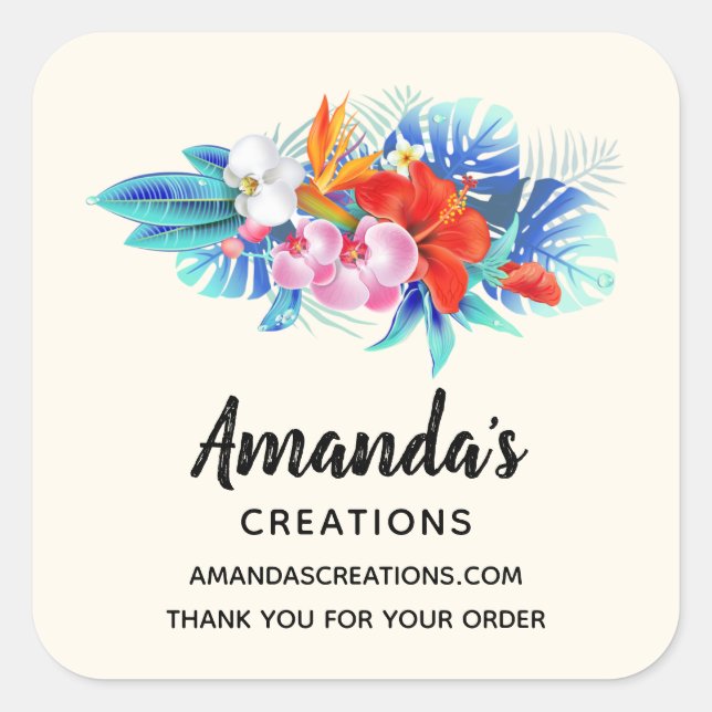 Exotic Tropical Flowers in Pink and Aqua Business Square Sticker (Front)