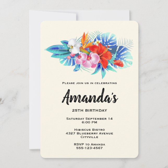 Exotic Tropical Flowers in Pink and Aqua Invitation (Front)
