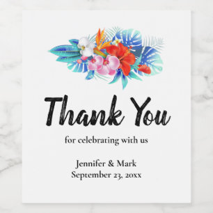 Exotic Tropical Flowers in Pink and Aqua Wedding Wine Label