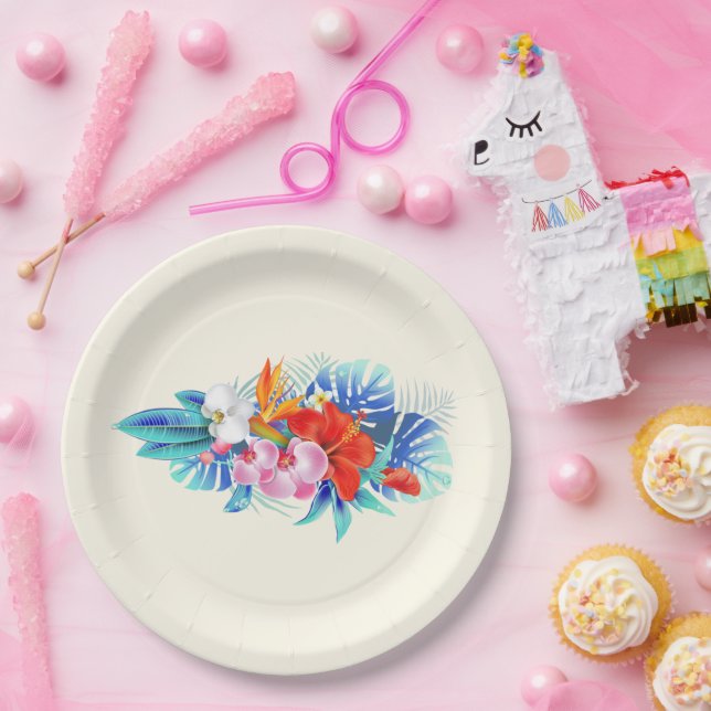 Exotic Tropical Flowers in Pink and Turquoise Paper Plate (Party)