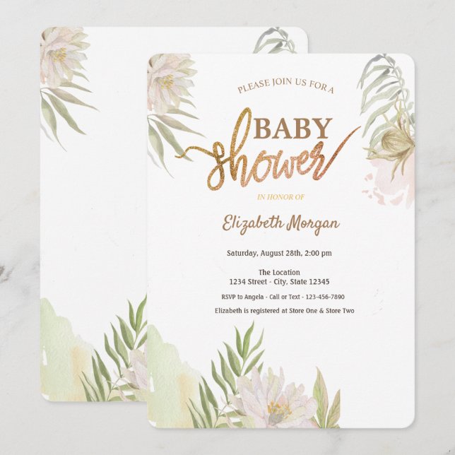 Exotic Tropical Flowers Leaves Baby Shower Invitation (Front/Back)