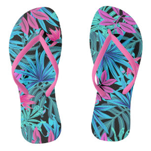 Exotic Tropical Flowers of Hot Pink & Blue Flip Flops