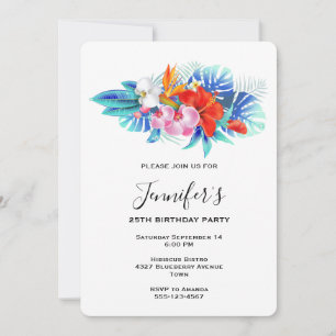 Exotic Tropical Flowers - Pink & Aqua Birthday Invitation