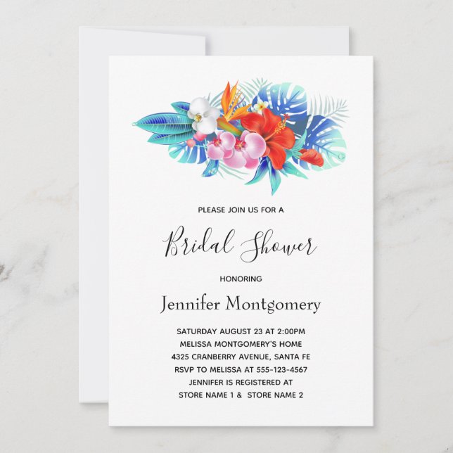 Exotic Tropical Flowers Pink & Aqua Bridal Shower Invitation (Front)
