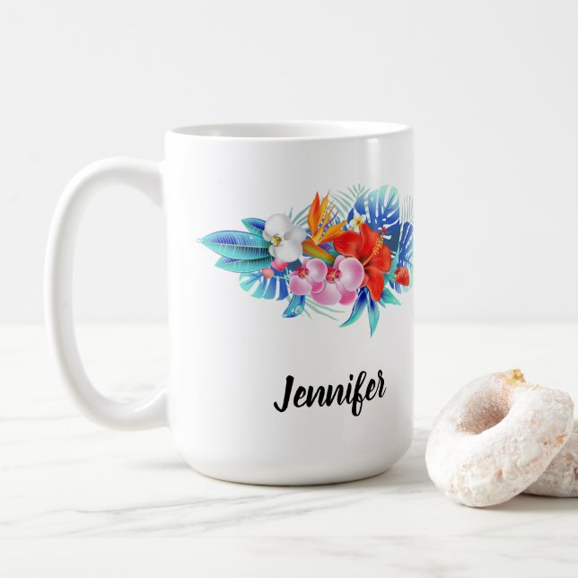 Exotic Tropical Flowers - Pink & Aqua Coffee Mug (With Donut)