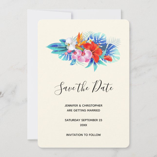 Exotic Tropical Flowers - Pink & Aqua Save The Date (Front)